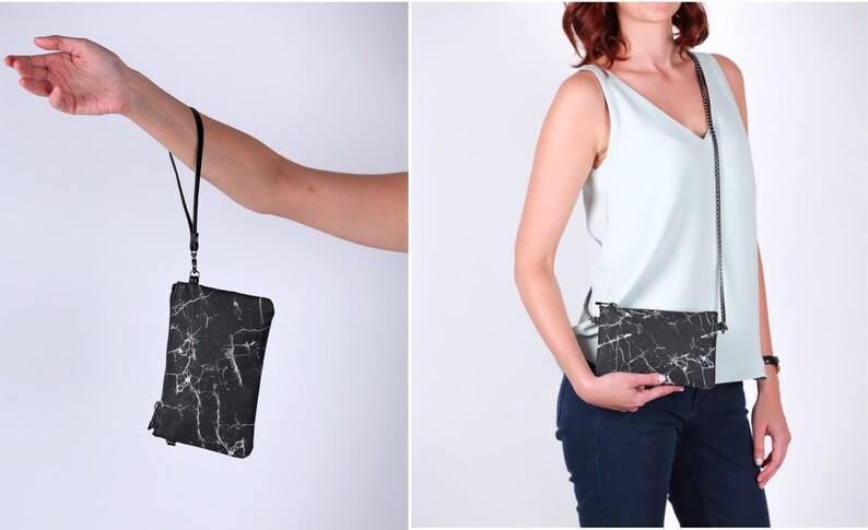 Cartera minimalista tipo sobre para mujer, monedero de mármol negro, tarjetero con cremallera imagen 2