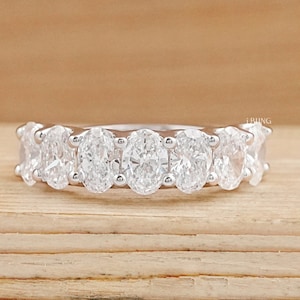 Oval-Cut Lab Grown Diamond Wedding Band / 10K White Gold Seven Stone Stackable Band / Man-Made Diamond Matching Band / Proposal Band For Her