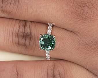 2.00 CT Green Cushion Moissanite Ring / Solitaire with Accents Stone 10K White Gold Ring / Anniversary Ring Gift For Her / Birthday Gift