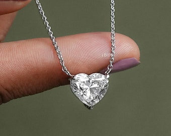 Collar solitario de diamantes de laboratorio / Collar de diamantes con corte de corazón de 0,50 a 3,50 quilates con certificación IGI / Collar delicado de oro blanco de 14 quilates / Regalo para ella