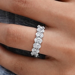 Oval-Cut Lab Grown Diamond Wedding Band / 10K White Gold Seven Stone Stackable Band / Man-Made Diamond Matching Band / Proposal Band For Her