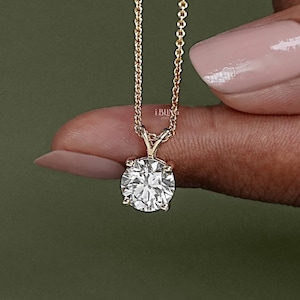 Round Lab Grown Diamond Solitaire Pendant / 14K Yellow Gold Pendant with Chain / EF-VS Diamond Solitaire Necklace / Birthday Gift For Her