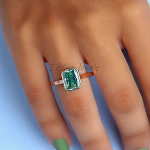 Blue Green Radiant Moissanite Bezel Set Ring / Radiant Moissanite Engagement Ring in Various Stone Size / Perfect Gift Ring For Your Wife