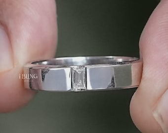 Baguette Cut Lab Grown Diamond Mens Wedding Band / Tension Set Eco Friendly Diamond Engagement Ring / CVD Diamond Band Gift For Him