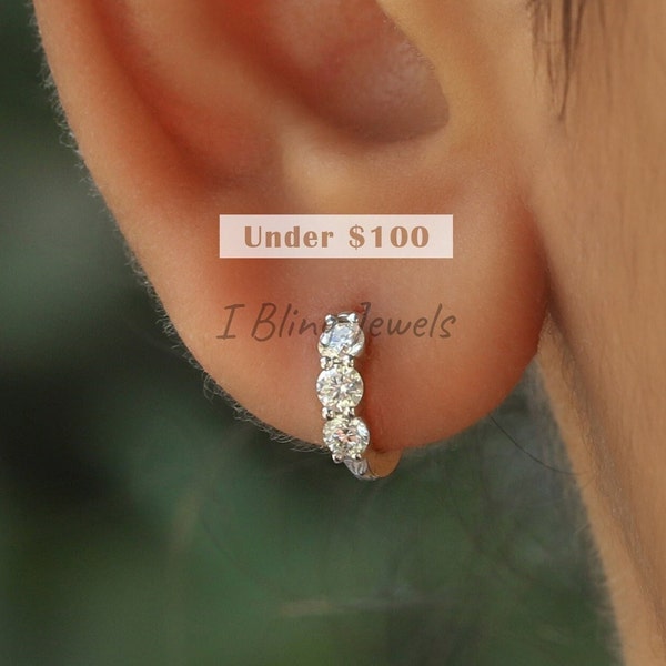 Diamond Hoop Earrings / Small Tiny Hoop Earrings / Diamond Huggies Earrings / 14K Solid White Gold Huggie Earrings / Baby Hoop Earrings