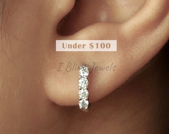 Diamond Hoop Earrings / Round Moissanite Wedding Earrings / Everyday Earrings For Women / Baby Hoop Huggie Earrings /10K White Gold Earrings
