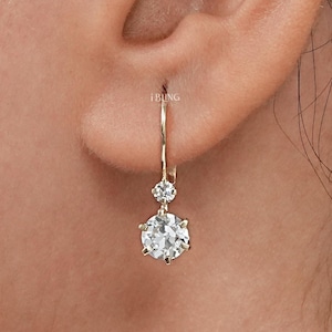 Old European Round Cut Lab Diamond Drop & Dangle Earrings / 14K Solid Gold Old Cut Diamond Earrings / CVD Diamond Wedding Earring For Her