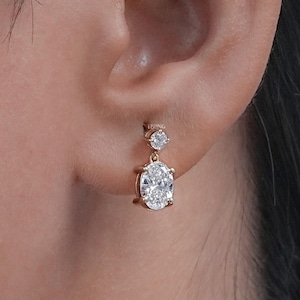 Eco Friendly Diamond Dangle Drop Earrings / Oval & Round Lab Grown Diamond Bridesmaid Earrings / 14K Solid Gold Dainty Earrings For Her