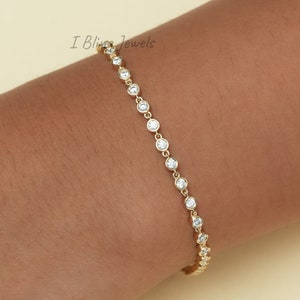 2.00 MM Round Moissanite Wedding Bracelet / Colorless Moissanite Bezel Set Bracelet For Women / Stackable Bracelet For Anniversary Gift