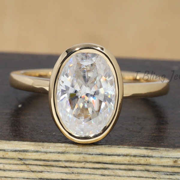 1.00 CT - 5.00 CT Colorless Oval Moissanite Ring / Bezel Setting With Hidden Halo Unique Design Ring / Yellow Gold Solitaire Engagement Ring