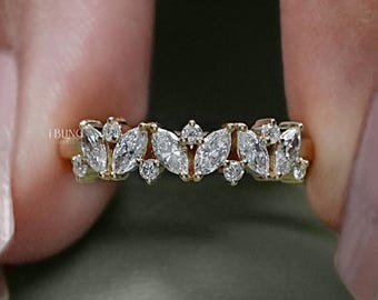 Marquise und runde Diamant halbe Eternity Band / Lab Diamant Ehering / 14K Gelbgold stapelbares Band / Cluster Set CVD Diamant Band