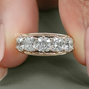 Old Mine Cushion Cut Lab-Made Diamond Half Eternity Wedding Band/ CVD Diamond Five-Stone Band/ 14K Solid Gold Split Shank Band/ Gift For Her