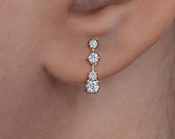 Round Cut Lab Diamond Dangle Drop Earrings / 14K Yellow Gold Wedding Earrings For Her / EF-VS Diamond Dainty Screw Back Earrings