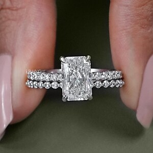 Radiant Cut Lab Made Diamond Bridal Ring Set / Conflict Free Diamond Accent Set Ring / Hand Made Diamond Eternity Engagement Band