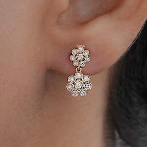 Round Cut Lab Diamond Drop Dangle Earrings / 18K Yellow Gold Bezel Set Push Back Earrings / Conflict Free Diamond Flower Dangle Earrings