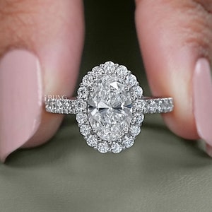 Oval Lab Grown Diamond Halo Ring / Round Diamond Solitaire Accent Ring / Hand Made Diamond Engagement Ring / Anniversary Gift For Wife