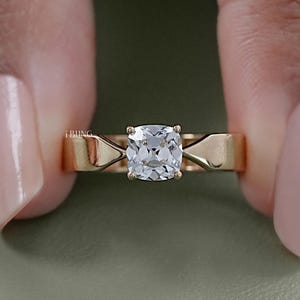 Old Mine Cushion Solitaire Ring / Lab Grown Diamond Engagement Ring For Her / EF-VS Diamond Women&#39;s Ring / 14K Yellow Gold Ring For Her