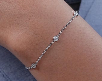 Lab Grown Diamond By The Yard Bracelet / Round Diamond Station Bracelet / 18K Solid Gold Bezel Set Bracelet / Engagement Gift For Her
