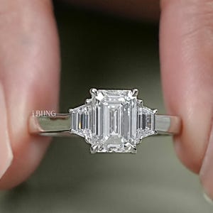 Emerald Cut Lab Diamond Three Stone Ring Step Cut Trapezoid Bridal Ring For Wedding Solid Gold Trilogy Ring Conflict Free Diamond Ring