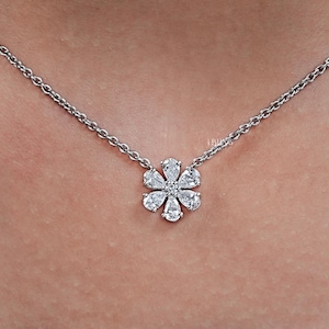 Pear Cut Lab Grown Diamond Engagement Necklace / EF-VS Diamond Floral Necklace /  Flower Shape CVD Diamond Necklace For Her / Birthday Gift