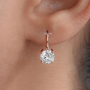 Round Cut Lab Diamond Bridesmaid Earrings / Solitaire Diamond Drop Earrings / 14K Yellow Gold Hand Made Diamond Lever Back Earrings
