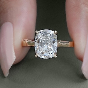Elongated Old Mine Cushion Lab Grown Diamond Ring / Hidden Halo CVD Diamond Engagement Ring / 14K Gold Hand-Made Diamond Wedding Ring