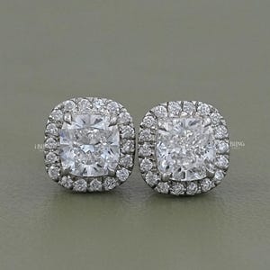 Cushion Cut Lab Diamond Halo Stud Earrings/ CVD Diamond Women&#39;s Earrings / 14K White Gold Screw Back Earrings/ Anniversary Gift For Wife