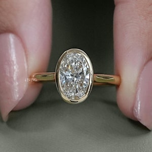 Oval Lab Made Diamond Engagement Ring / Hidden Halo Lab Grown Diamond Bridesmaid Ring / Bezel Set Lab Diamond Ring For Anniversary Gift