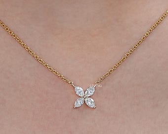 Marquise Lab Grown Diamond Dainty Necklace / 14K Yellow Gold Flower Necklace For Her / CVD Diamond Floral Necklace For Anniversary Gift
