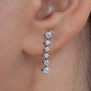 Conflict Free Diamond Dangle Drop Bridesmaid Earrings / Round Lab Diamond Anniversary Earrings / 14K Solid Gold CVD Diamond Gift Earrings