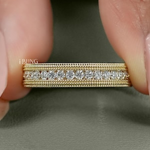 Round Cut Conflict Free Diamond Unisex Wedding Band/ Milgrain Set Half Eternity Band/ Lab Diamond Stackable Engagement Band/ Gift For Him