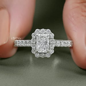 Radiant Cut Eco-Friendly Diamond Engagement Ring CVD Diamond Halo Accent Ring EF-VS Lab-Grown Diamond Wedding Ring Bridal Ring For Her