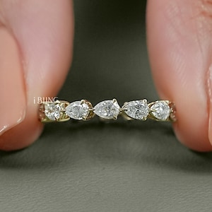 Eco-Friendly Pear-Cut Diamond Full Eternity Band/ 14K Solid Gold CVD Diamond Anniversary Band/ East-West Set Wedding Band/ Gift For Her