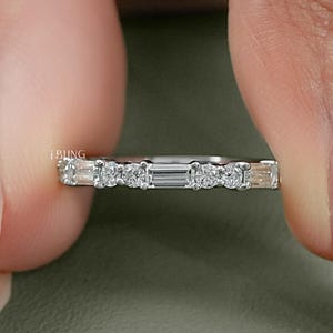 Baguette Cut Lab Diamond East West Set Band/ Round Cut CVD Diamond Half Eternity Band/ Dainty Stackable Diamond Band/ Wedding Band For Her