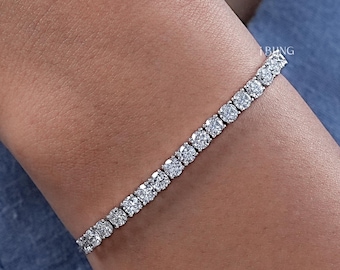 Round Cut Lab Diamond Bridal Bracelet / 14K White Gold Chain Bracelet / Four Prong Set Diamond Bracelet / Minimalist Bracelet Gift For Her