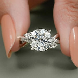 Round Cut Lab Grown Diamond Twisted Shank Solitaire Engagement Ring / Man Made Diamond Accent Wedding Ring / Anniversary Gift For Her