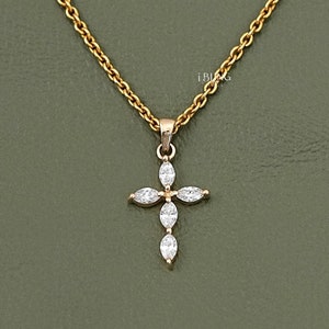 Encrusted Cross Eco Firendly Diamond Necklace / Marquise Cut CVD Diamond Bridesmaid Necklace / 14K Gold Lab Grown Diamond Bridal Necklace