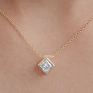 0.50 To 3.50 CT Princess Cut Lab Diamond Solitaire Necklace / EF-VS Diamond Bezel Set Necklace / 14K Yellow Gold Dainty Necklace For Her