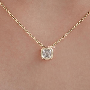 Cushion Cut Lab Diamond Dainty Necklace / CVD Diamond Bezel Set Necklace / Hand Made Diamond Solitaire Necklace / Anniversary Gift For Wife