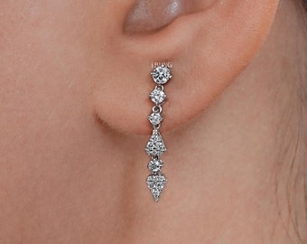 Pendientes colgantes con diamantes cultivados en laboratorio de talla redonda / Pendientes de dama de honor con diamantes libres de conflicto / Pendientes de boda con diamantes CVD en oro macizo de 14 quilates