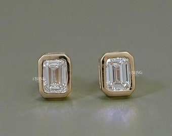 Emerald Cut Lab Grown Diamond Stud Earrings /  Eco Friendly Diamond Bezel Set Stud Earrings / 14K Solid Gold Solitaire Earrings For Her