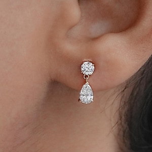 Pear Cut Lab Diamant Tropfen Ohrringe / 10K Gelbgold EF-VS Diamant Zierliche Braut Ohrringe / Konfliktfreie Diamant Ohrringe Für Sie
