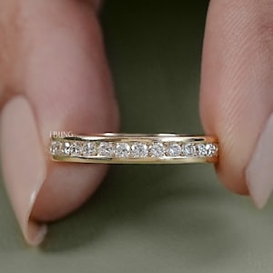 Round Cut Lab Grown Diamond Eternity Band / 14K Yellow Gold Channel Set Wedding Band / Conflict Free Diamond Anniversary Band For Her