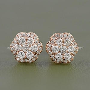 Round Cut CVD Diamond Halo Stud Earrings / EF-VS Diamond Flower Earrings / Hand Made Diamond Push Back Earrings / Anniversary Gift For Wife