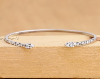 14K Solid White Gold Diamond Stackable Bangle / Daily Wear Women's Bracelet / Everyday Jewelry Gift For Wife / Open Cuff Flexible Bangle