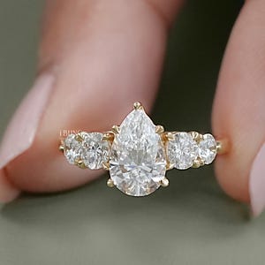 1.50 CT Pear Cut CVD Diamond Anniversary Ring / Side Diamond Round Cut Five Stone Engagement Ring / Conflict Free Diamond Proposal Ring