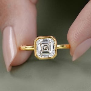 Asscher Cut Lab Grown Diamond Solitaire Bezel Ring / 14K Solid Gold Prong Set Engagement Ring / EF-VS CVD Diamond Engagement Gift For Mom