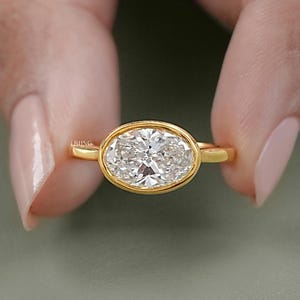Oval Cut Eco-Friendly Diamond Bezel Set Ring / East-West Set Solitaire Engagement Ring / Conflict Free Diamond Anniversary Ring For Wife