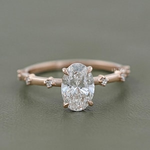 Oval Cut Lab Grown Diamond Engagement Ring / Round Cut CVD Diamond Distance Ring / 14K Solid Gold Women&#39;s Ring / Birthday Gift For Her