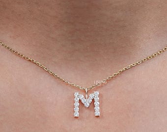 Round Lab Grown Diamond Initial Charm Pendant / EF-VS Diamond Pendant For Anniversary Gift / 14K Solid Gold M Letter CVD Diamond Pendant